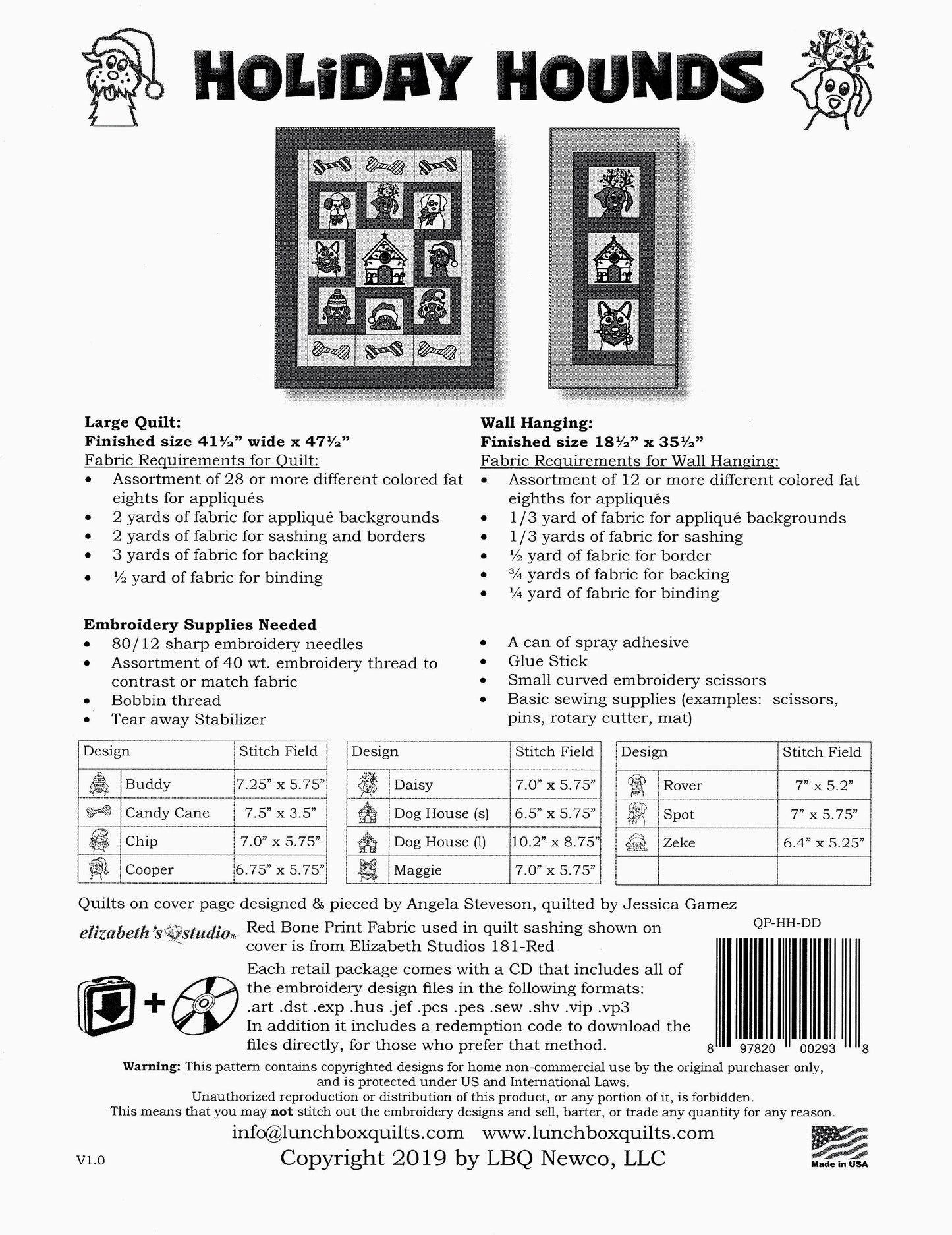 Holiday Hounds *Christmas Dog Quilt/Wall Hanging - Machine Embroidery CD* From: Lunch Box Quilts