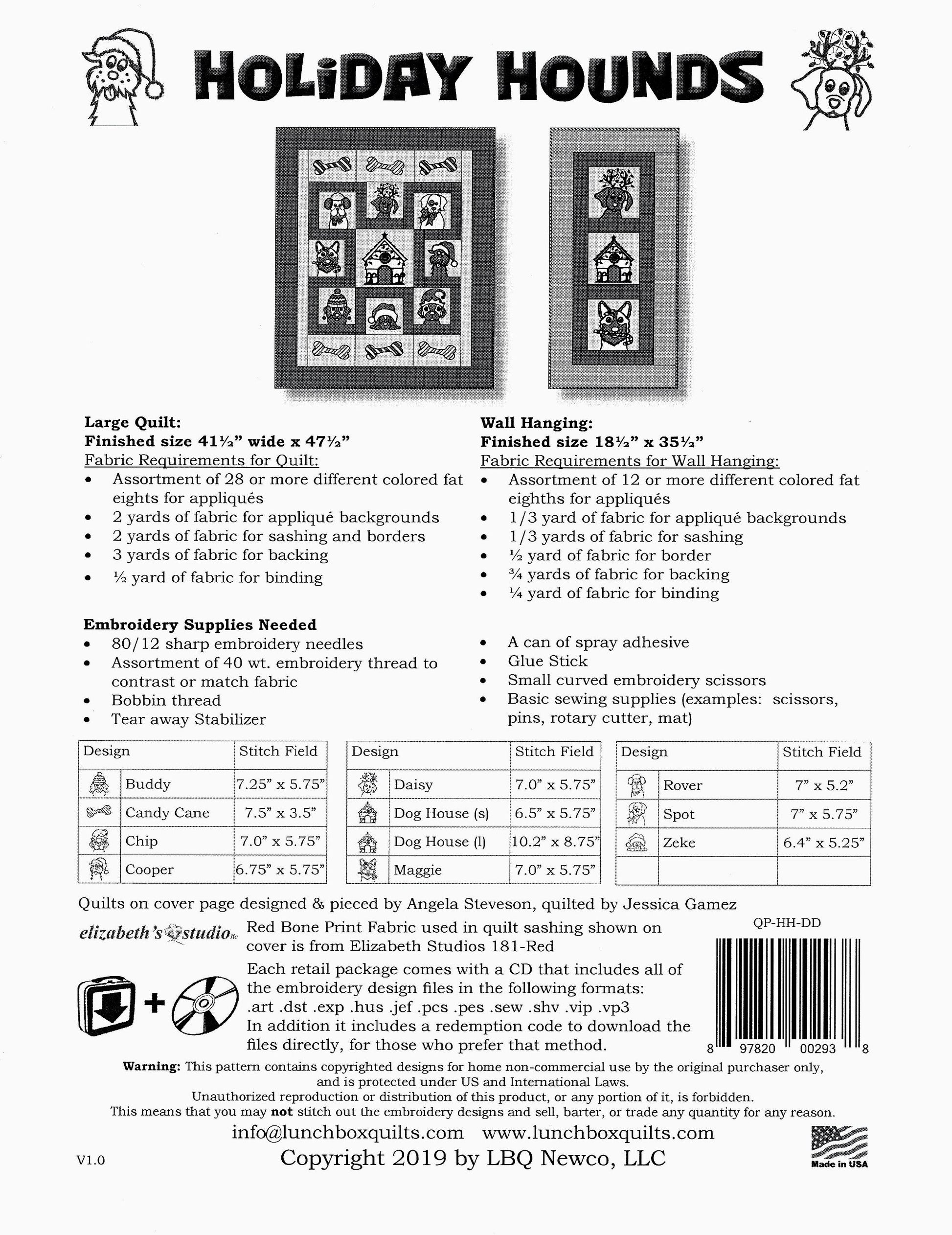 Holiday Hounds *Christmas Dog Quilt/Wall Hanging - Machine Embroidery CD* From: Lunch Box Quilts