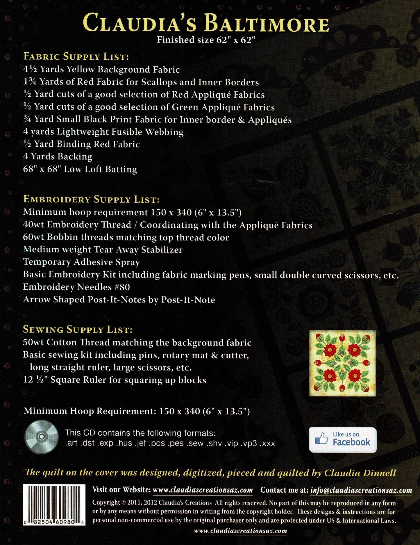 Claudia's Baltimore *Baltimore Quilt Machine Embroidery & Applique on CD* From: Claudia's Creations
