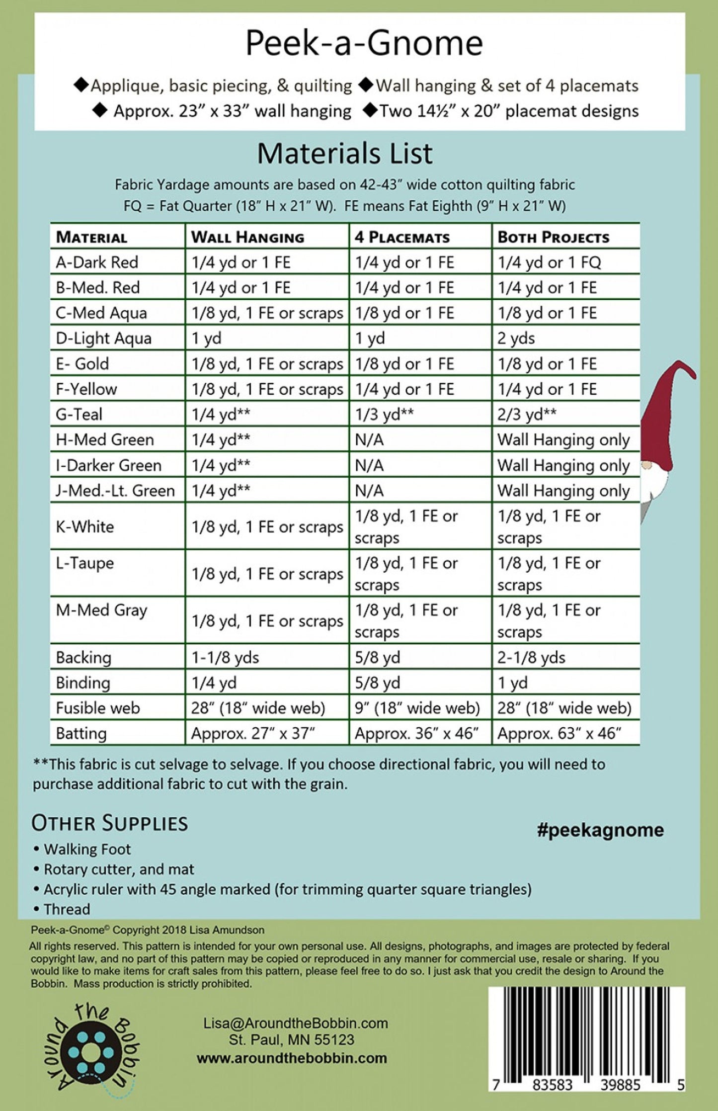 Peek-a-Gnome *Applique Wall Hanging & Placemat Pattern* By: Lisa Amundson