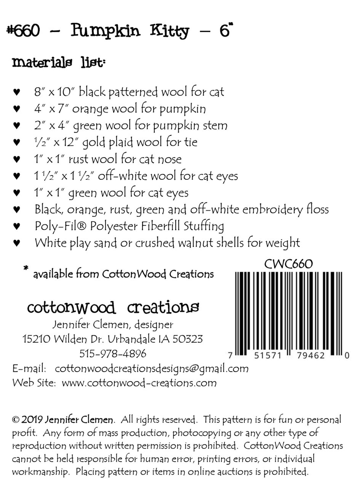 Pumpkin Kitty *Pincushion Sewing Pattern* By: Jennifer Clemen - Cottonwood Creations
