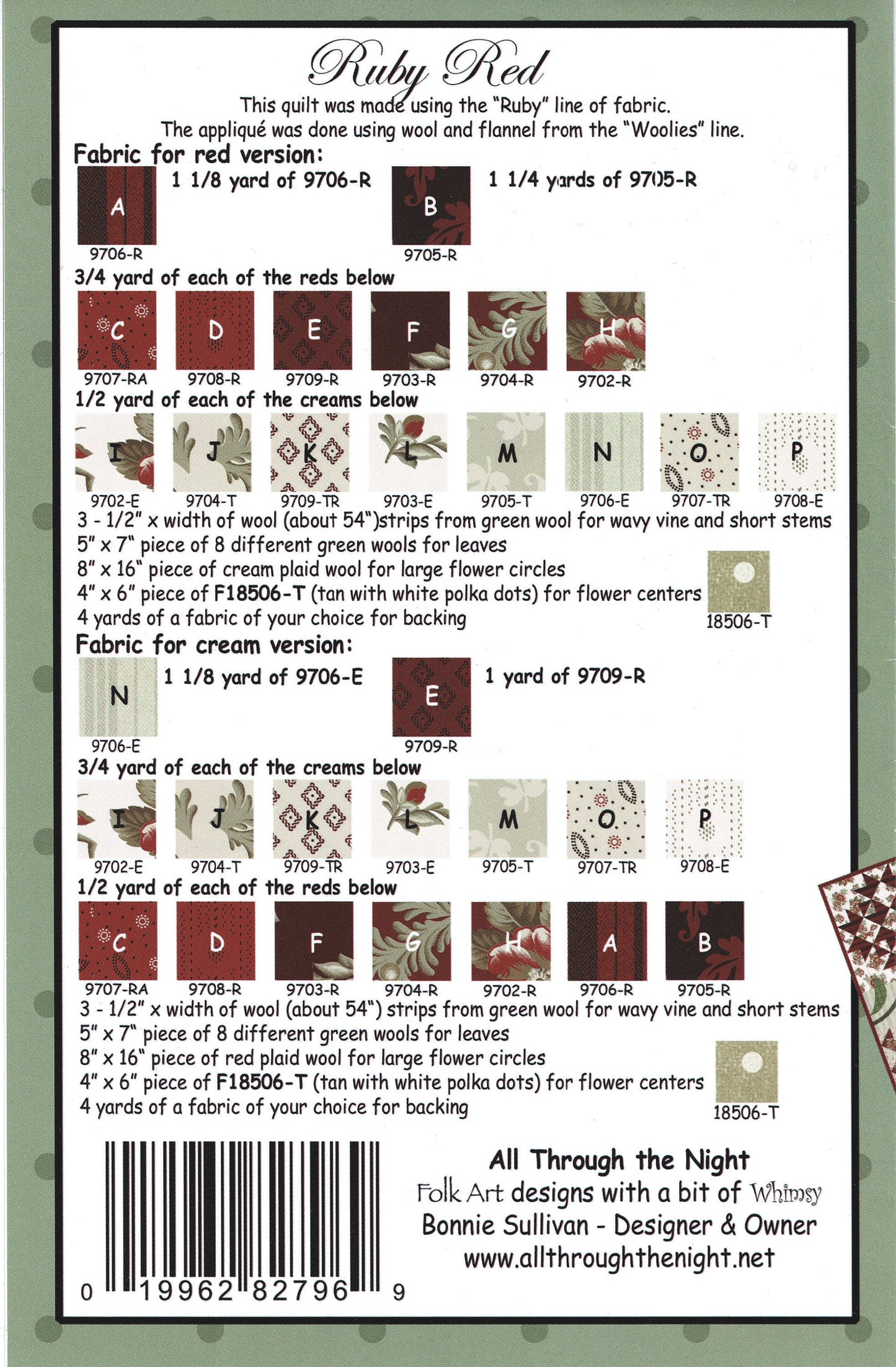 Ruby Red *Applique & Piecing Quilt Pattern* By: Bonnie Sullivan - All Through the Night