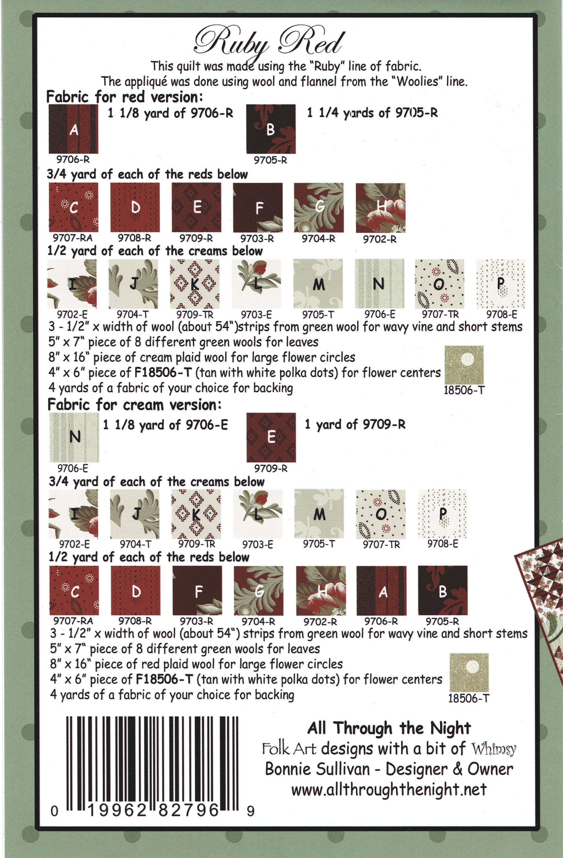 Ruby Red *Applique & Piecing Quilt Pattern* By: Bonnie Sullivan - All Through the Night
