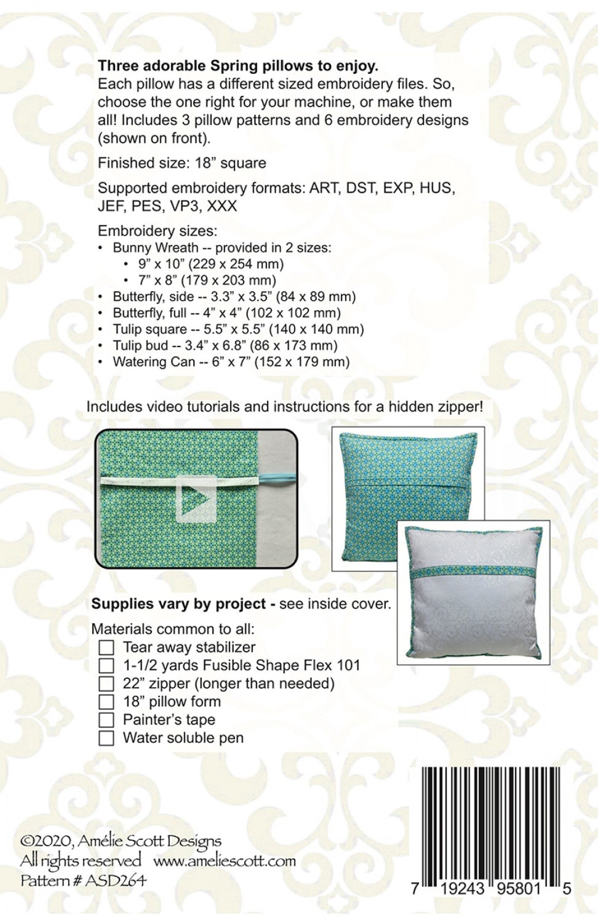 3 Spring Pillows *Machine Embroidery Designs* From: Amelie Scott Designs