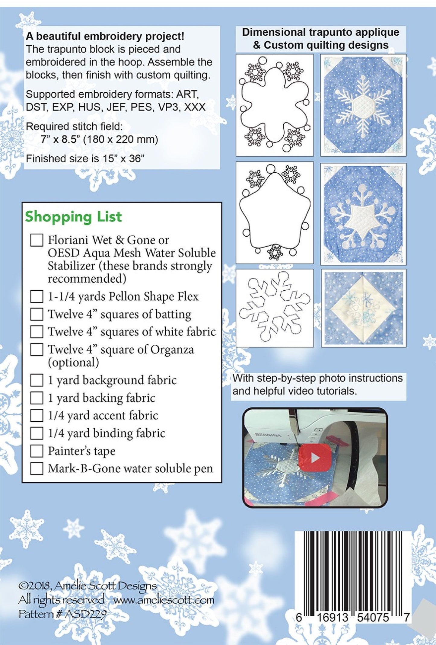 Trapunto Snowflake Runner *Machine Embroidery CD* From: Amelie Scott Designs