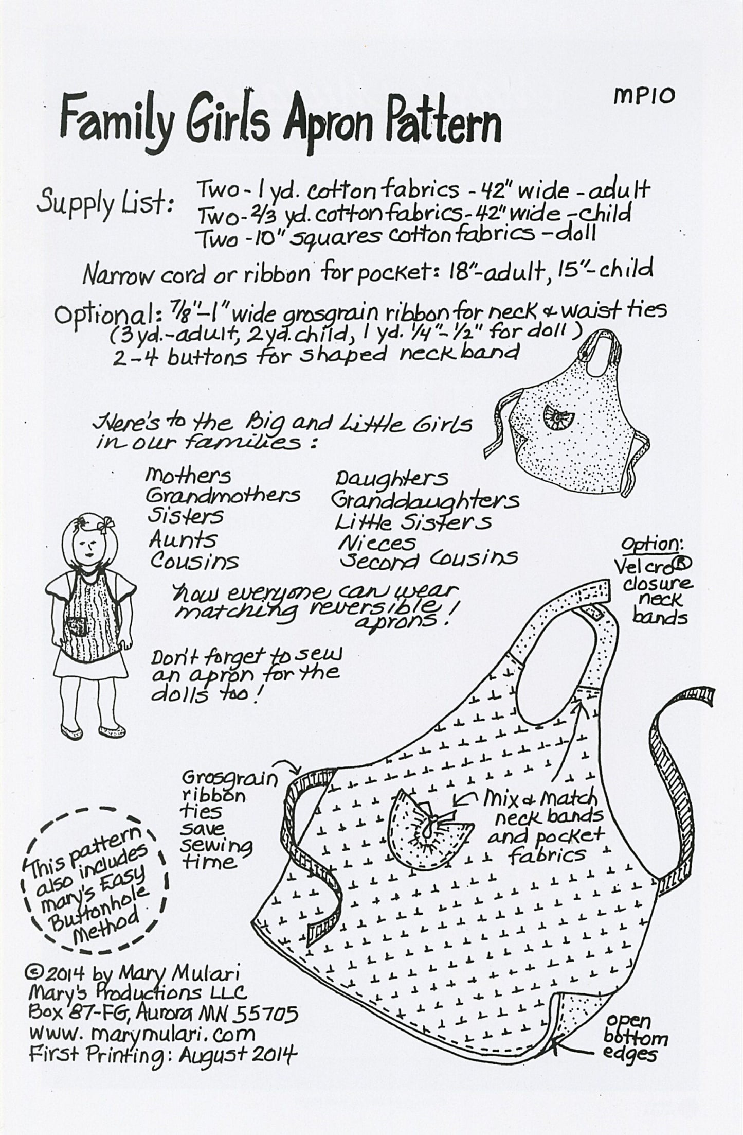 Family Girls Apron Pattern *Reversible Apron with Personality for all the Ladies (Adult, Girl & Doll)* From: Mary Mulari Designs