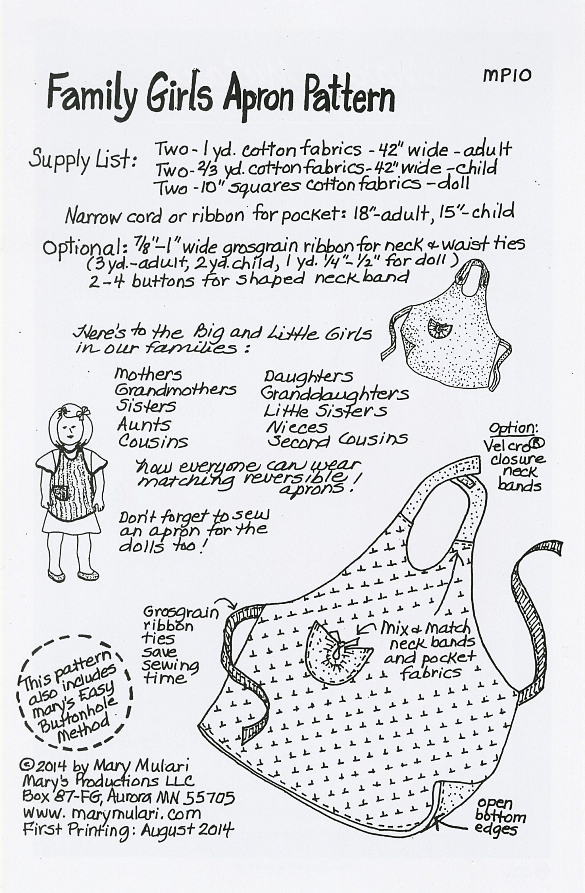 Family Girls Apron Pattern *Reversible Apron with Personality for all the Ladies (Adult, Girl & Doll)* From: Mary Mulari Designs