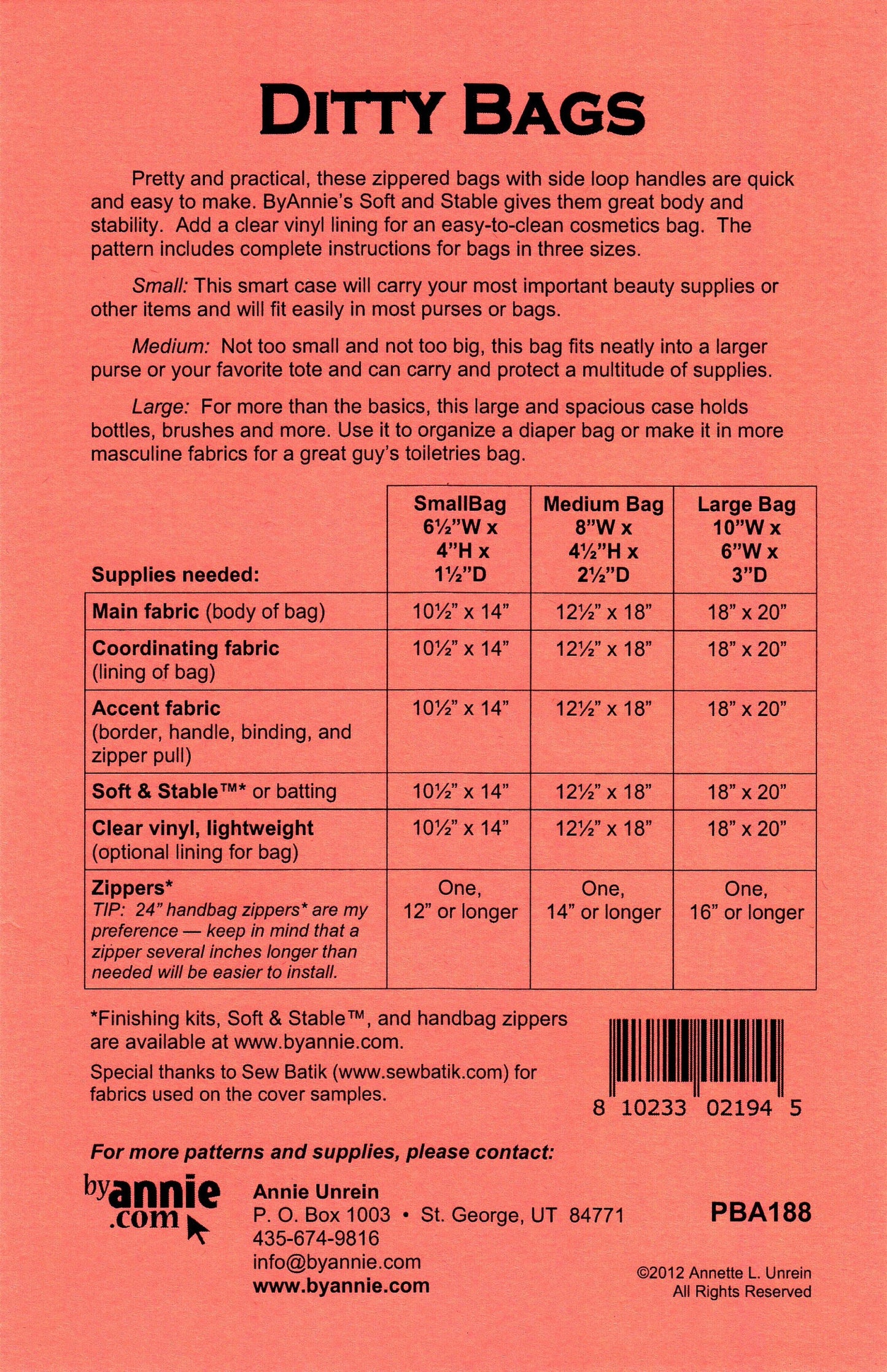 Ditty Bags *Sewing Pattern - Zippered Bags in Three Sizes* From: by Annie