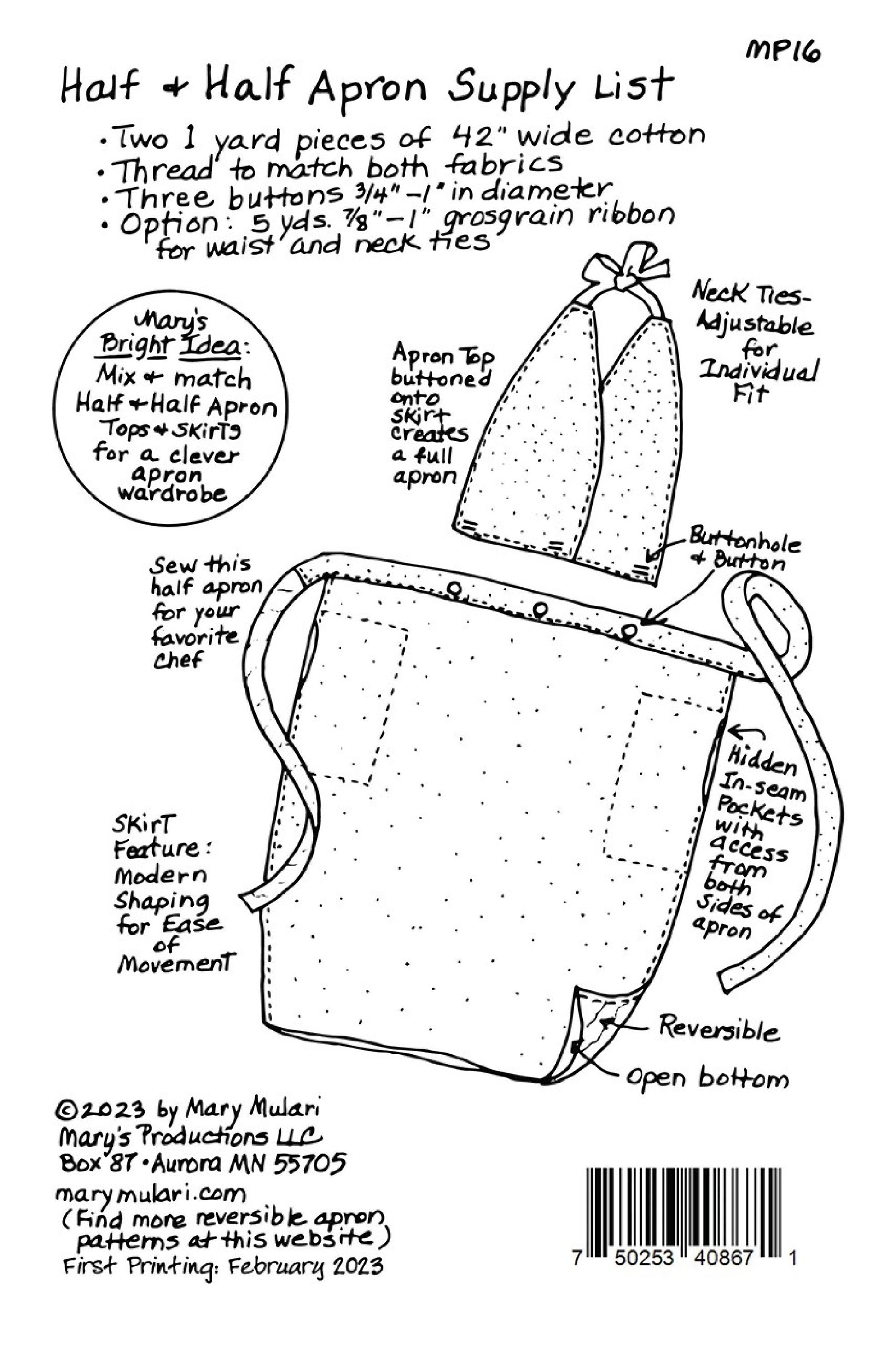 Half & Half Apron Pattern *Sewing Pattern* From: Mary Mulari Designs