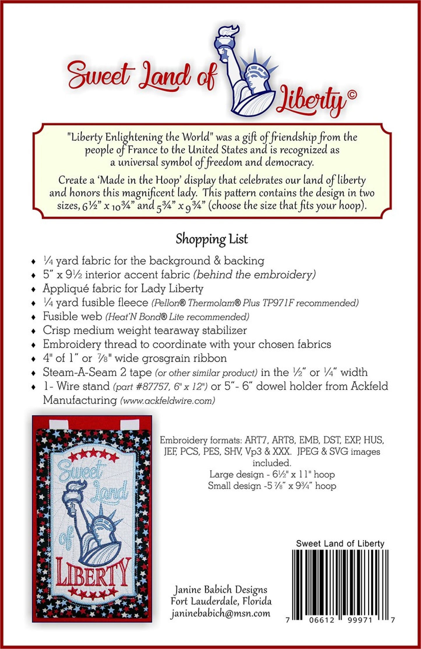 Sweet Land of Liberty *Wall Hanging - Machine Embroidery CD* From: Janine Babich Designs