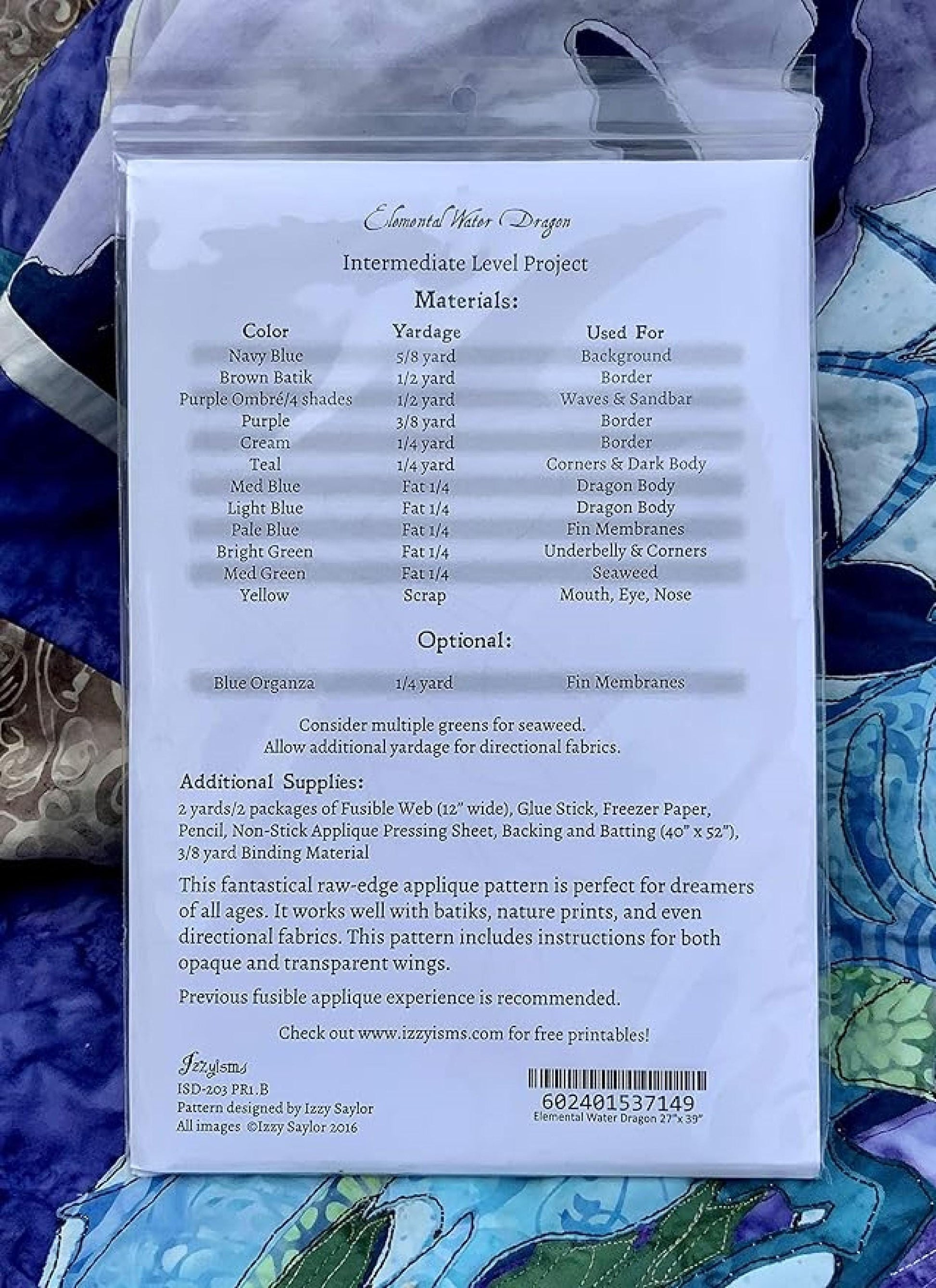 Elemental Water Dragon *Wall Hanging Quilt Pattern* From: Izzyisms