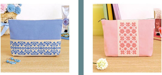 Olympus Kogin Embroidery Pouch Kit *Pink or Blue* *Complete Kit- Includes Fabric, Thread, Needle, Zipper* From: Emma Creation