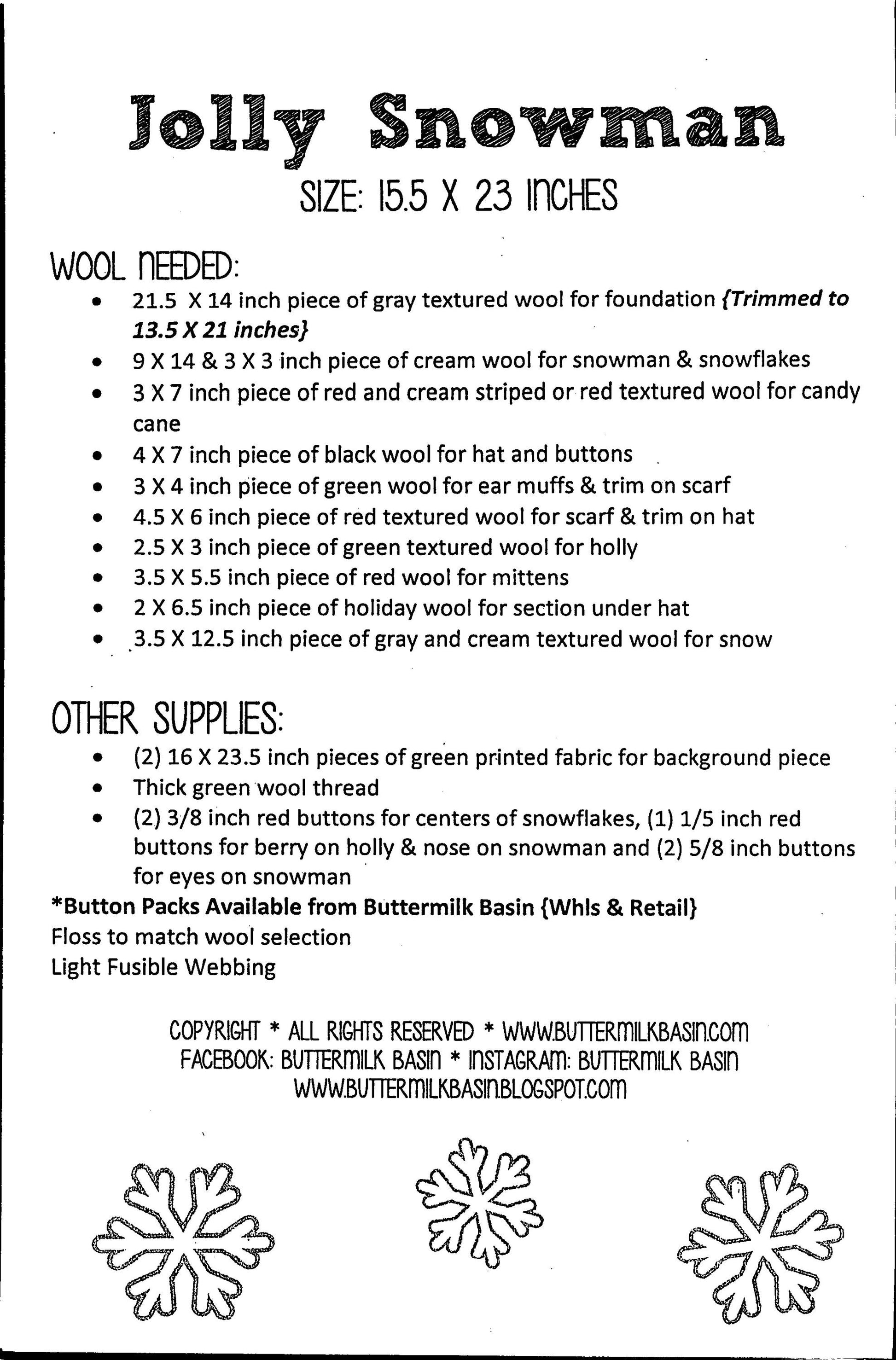 Jolly Snowman *Wool AppliquÃ© Pattern* By: Buttermilk Basin Design