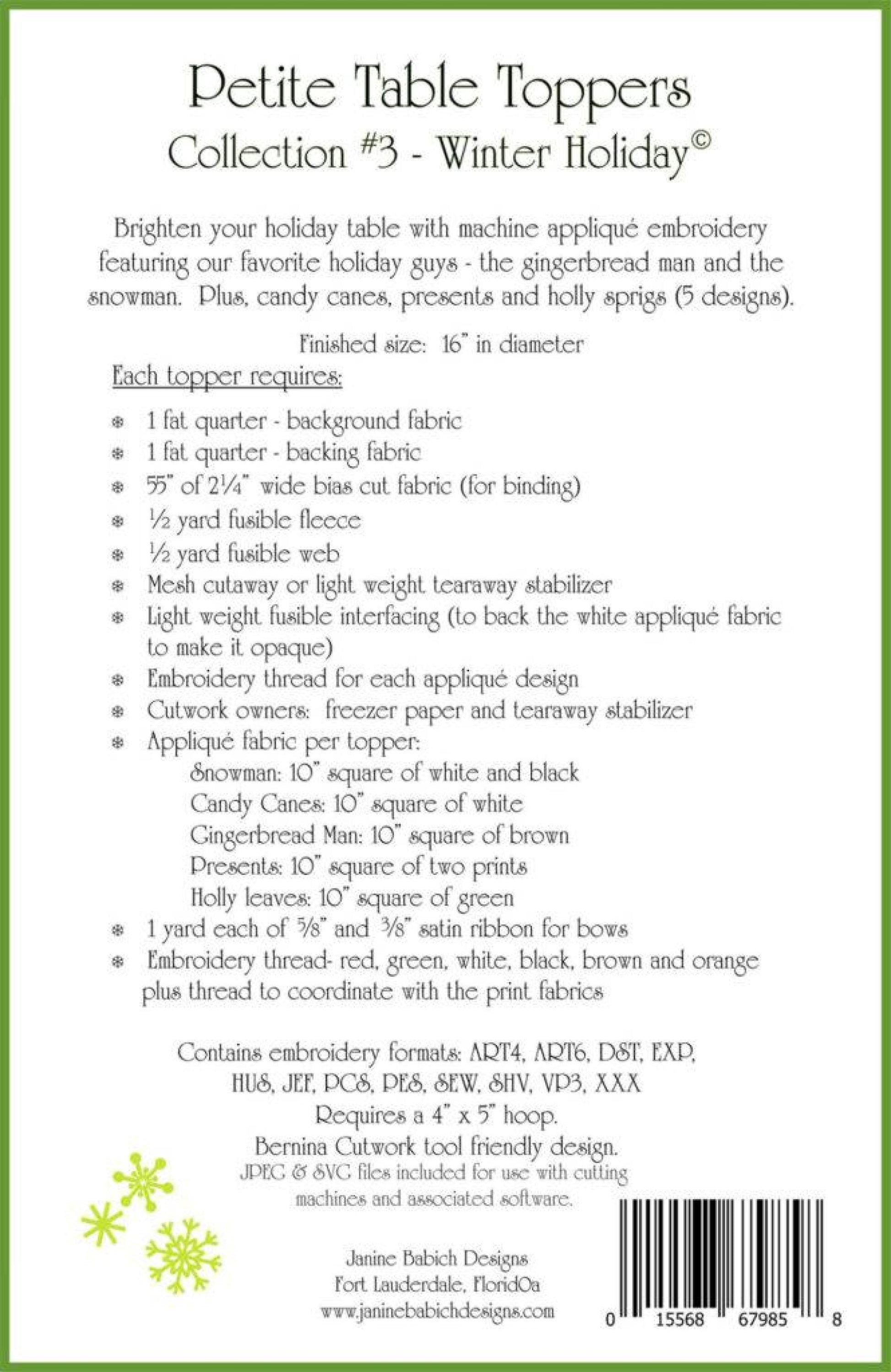 Petite Table Toppers Collection #3 - Winter Holiday*Machine Embroidery CD* From: Janine Babich Designs