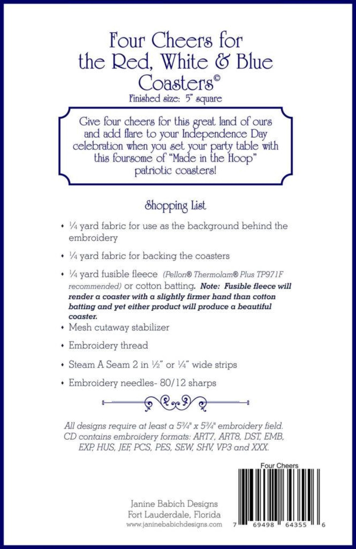 Four Cheers for the Red, White & Blue Coasters *Machine Embroidery CD* From: Janine Babich Designs