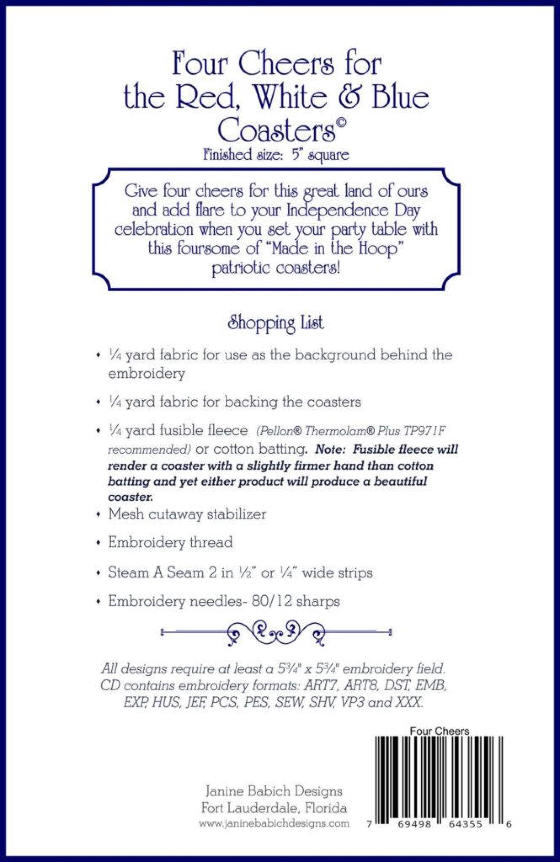 Four Cheers for the Red, White & Blue Coasters *Machine Embroidery CD* From: Janine Babich Designs
